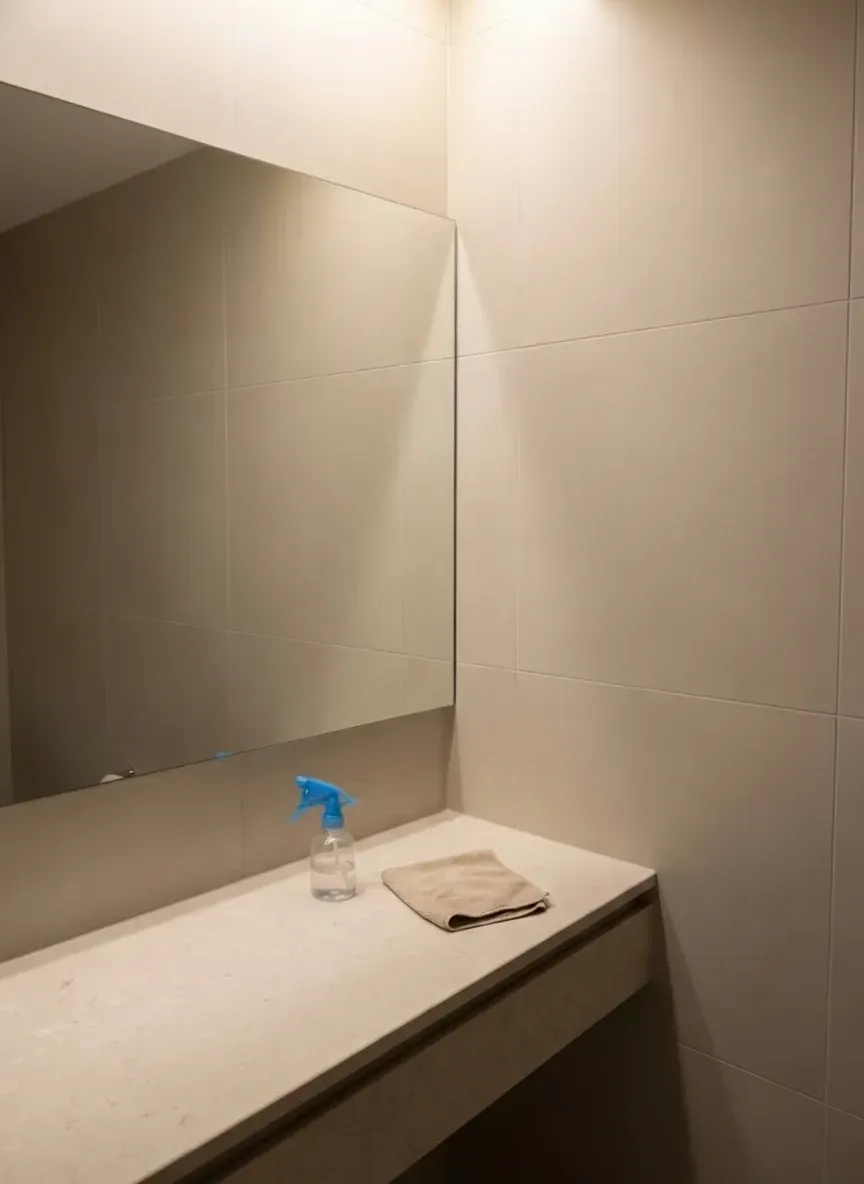 bathroom vanity mirror with spray bottle and microfiber cloth for safe cleaning